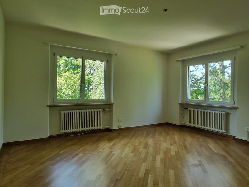 Empty room with wooden flooring, light green walls, large windows, and radiators under the windows.