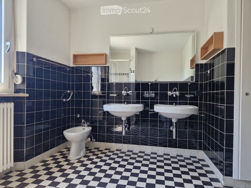 Modern bathroom with two sinks, a bidet, dark blue tiles, and a large mirror. Checkered black and white floor.