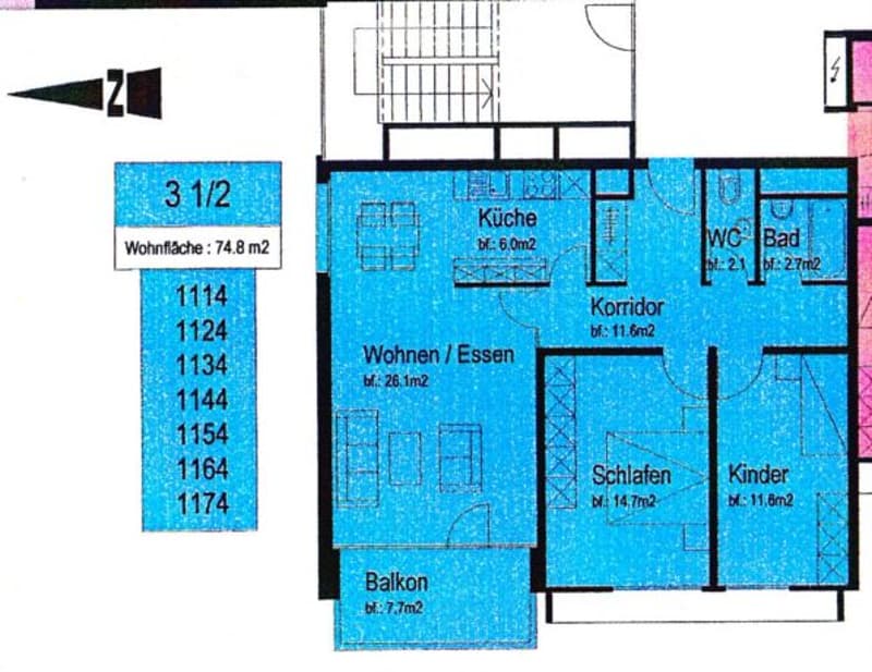 Living/eating area, kitchen, 2 bedrooms, bathroom, corridor, balcony