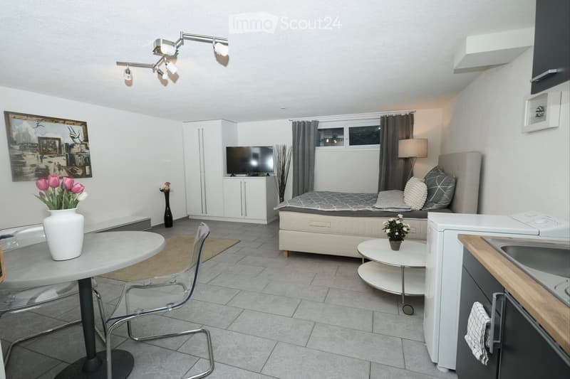 A modern, compact studio apartment with a bed, a round dining table with chairs, a television, a small kitchen area, and decorative vases with flowers.
