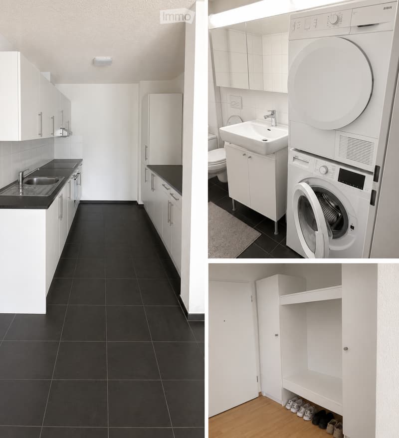 Modern kitchen with white cabinets, black countertops, and black tiled floor. Bathroom features a sink, toilet, and a private washing machine. A small storage area with shoes is visible.