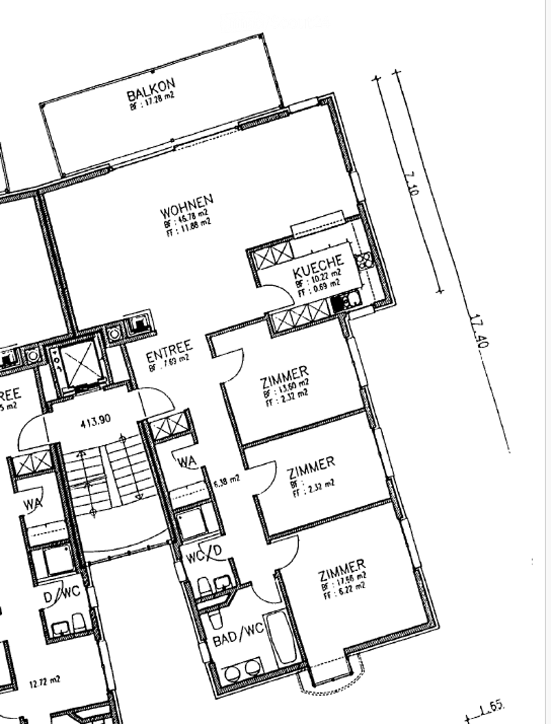 Floor plan of a 3-room apartment with a balcony, living room, kitchen, 3 bedrooms, and bathroom.