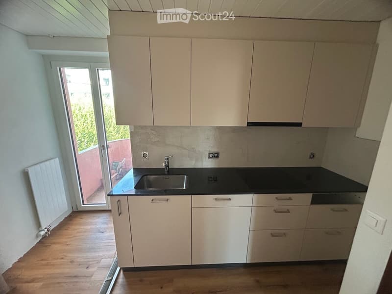 Modern kitchen with light-colored cabinets, black countertop, and a stainless steel sink. The space features wooden flooring and a large window with a view of the outdoor area.