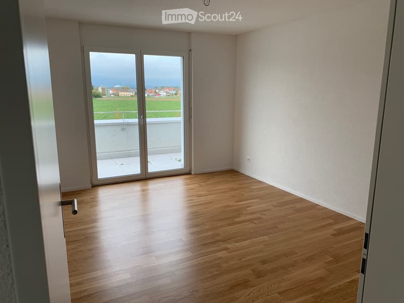 large glass doors leading to balcony, hardwood floors, plain white walls