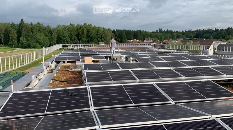 solar panels on roof, surrounded by fencing, green trees, cloudy sky, person standing on solar panels