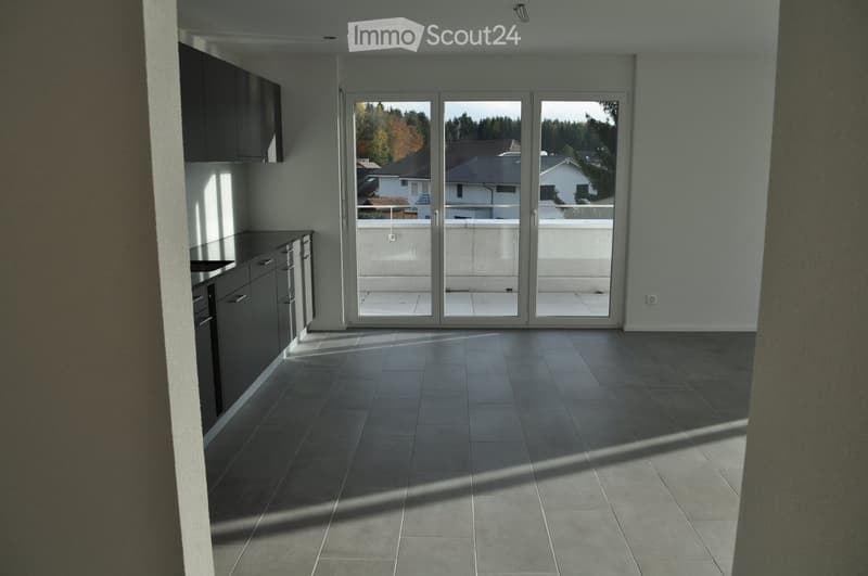 kitchen with white walls, tiles, cabinets, windows, and balcony