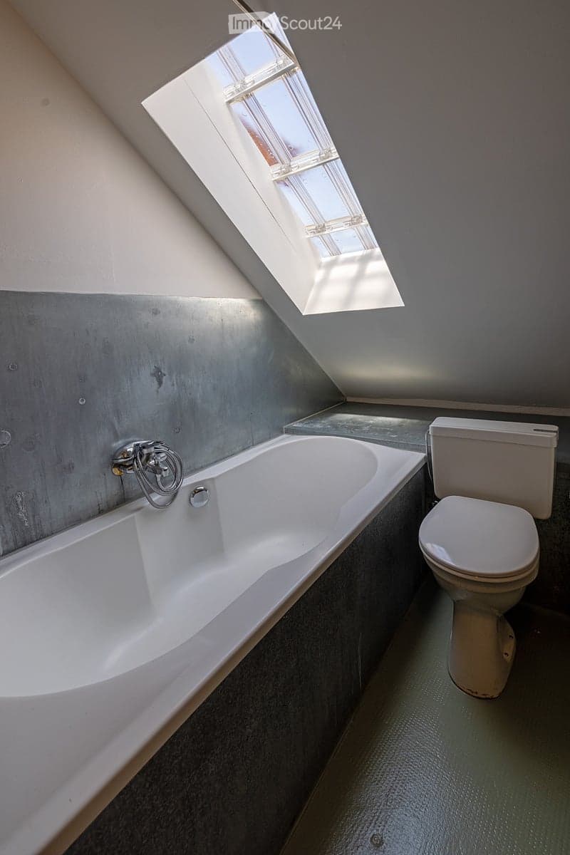Modern bathroom with a large bathtub, toilet, and a skylight window providing natural light.
