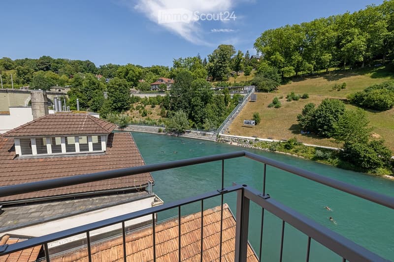 Balcony overlooking a river with people swimming, surrounded by greenery and hills.