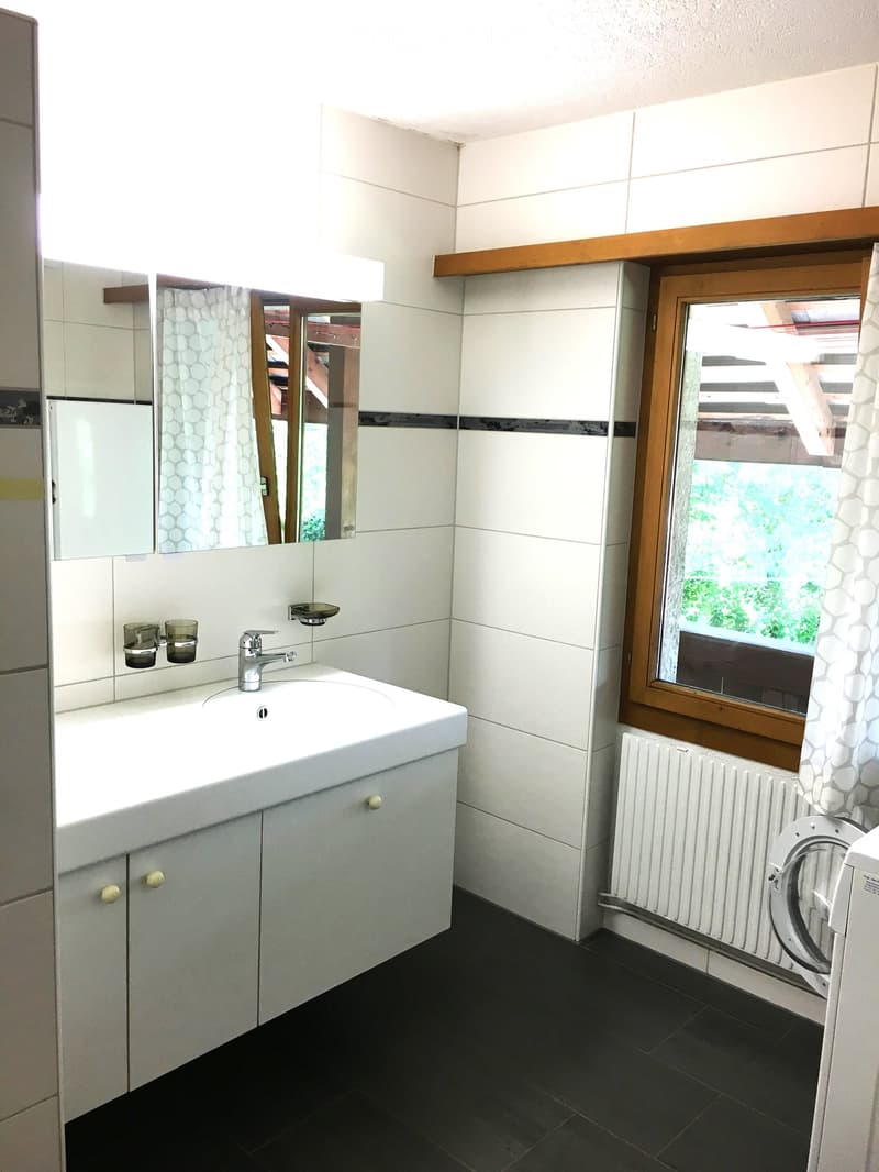 white tiles, white sink, mirror, window, washing machine
