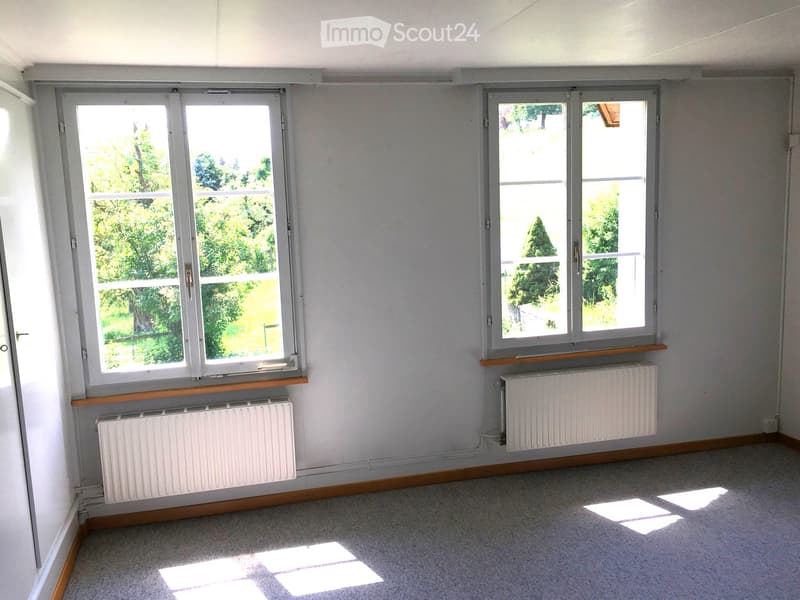 empty room, two windows, white walls, white radiators, gray floor