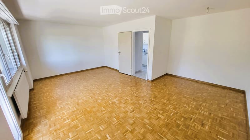 Empty room with wooden parquet flooring, white walls, and a door leading to another room.