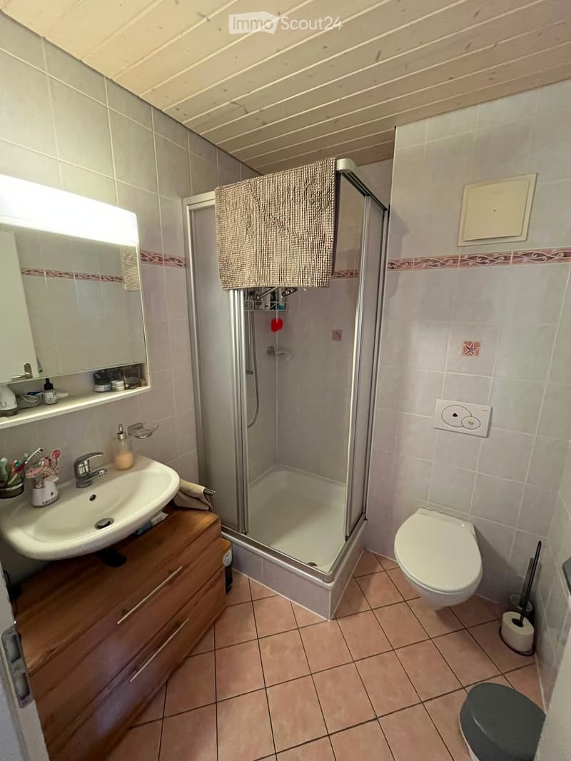 Bathroom with a sink, mirror, wooden cabinet, toilet, and a glass-enclosed shower. The walls are tiled with a decorative border, and a towel hangs on the shower door.