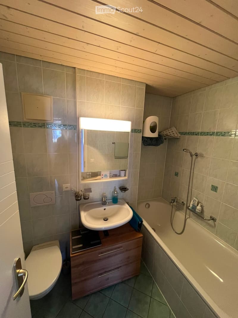 Bathroom with a sink, toilet, bathtub, mirror, and wooden cabinet.