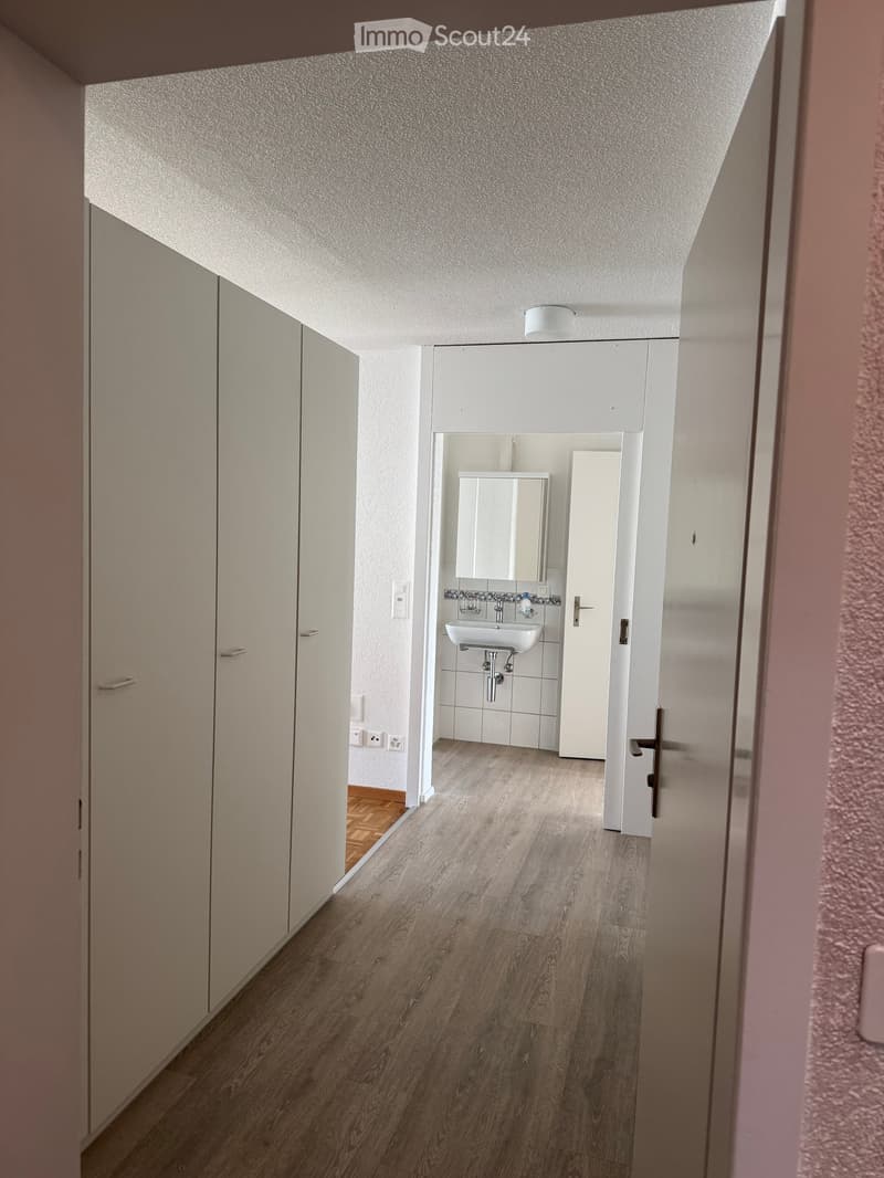A narrow hallway with wooden flooring, white walls, and a small adjacent bathroom featuring a sink, mirror, and tiled walls.