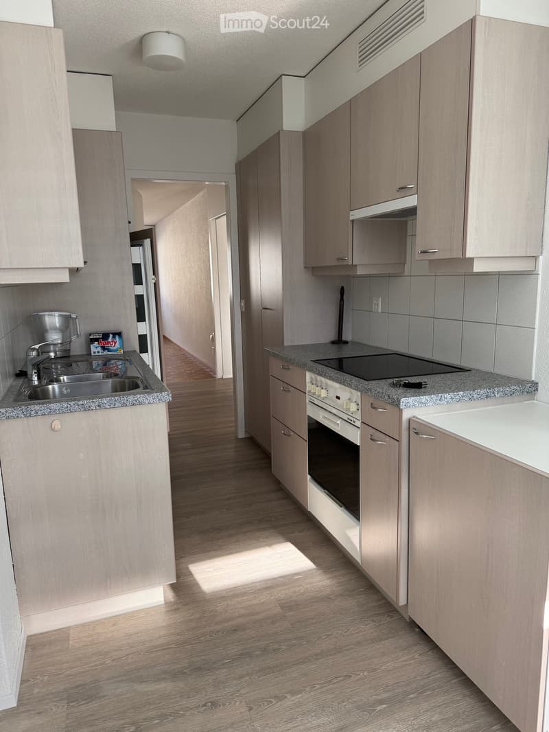 Modern kitchen with light wood cabinets, granite countertops, stainless steel sink, and built-in appliances including an oven and stove. The floor is wooden, and the space is well-lit with natural light.