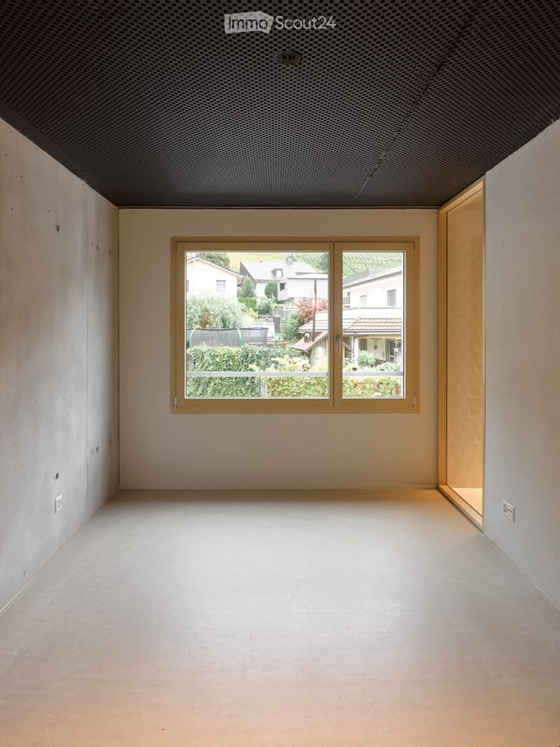 Empty room with white walls, concrete floor, large window with golden frame, and a glass door leading to another space.