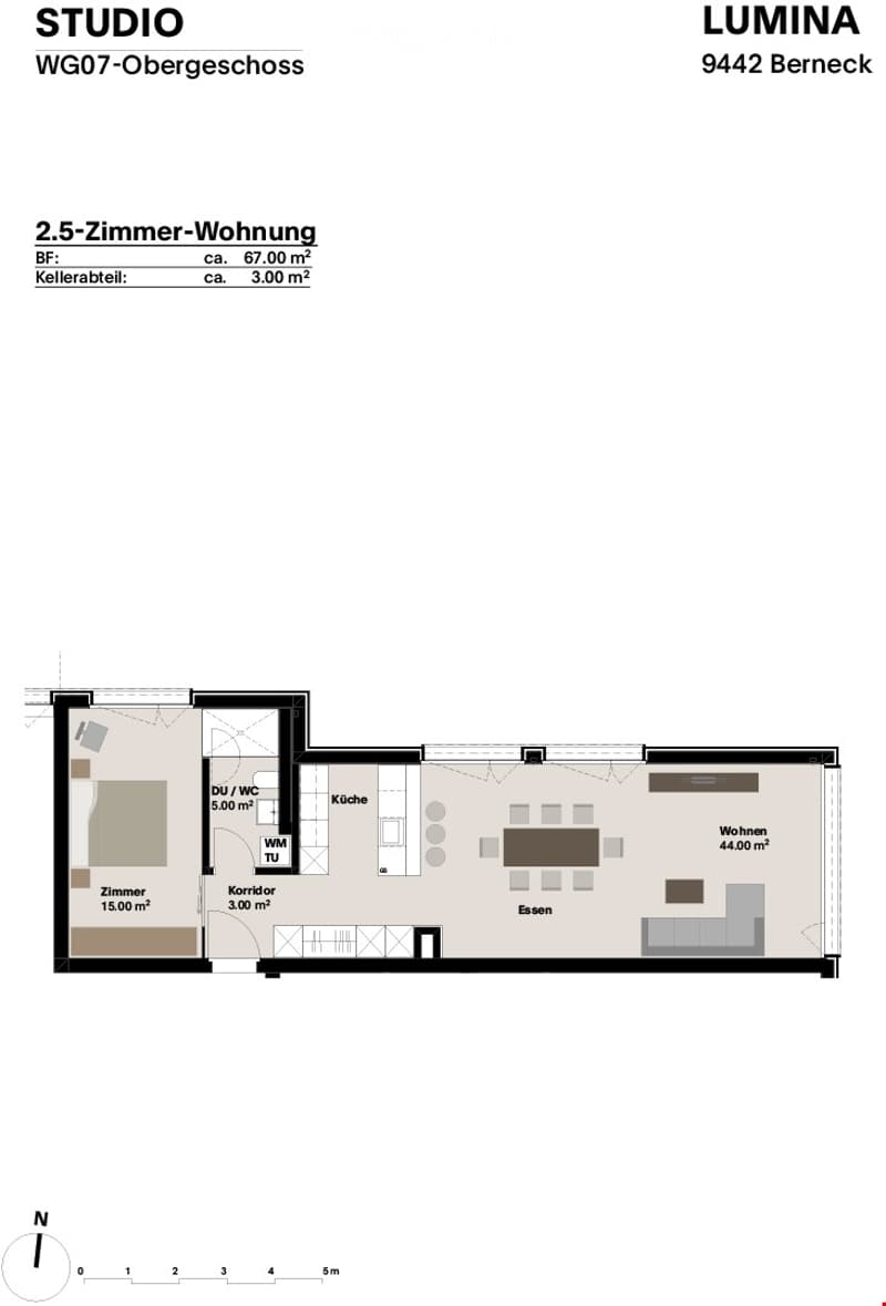 Floor plan of a 2.5-room apartment with a living area, dining area, kitchen, bedroom, and bathroom.