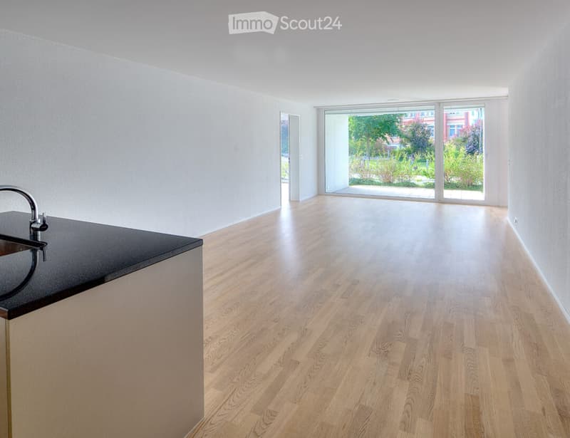 Empty room with light wooden flooring, white walls, and a black countertop with a sink. Large sliding glass doors lead to an outdoor area.