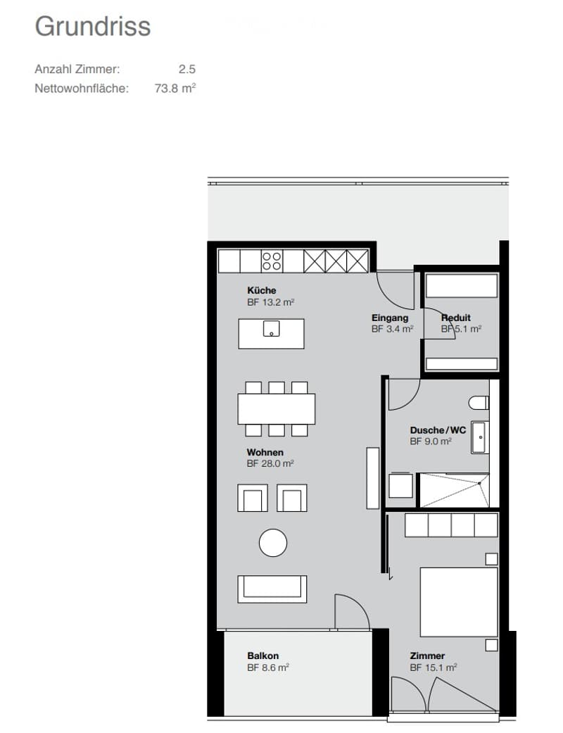 Floor plan of a 2.5-room apartment with a kitchen, living area, bedroom, bathroom, and balcony.