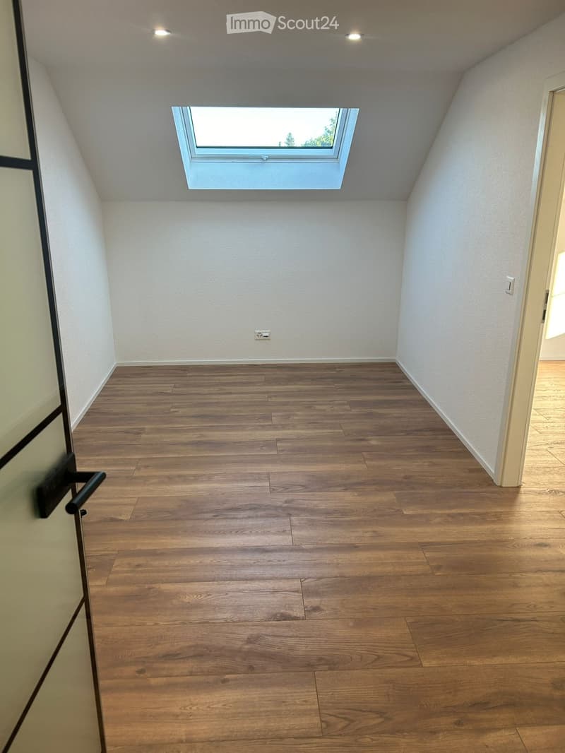 bare room, wooden floor, slanted ceiling, skylight