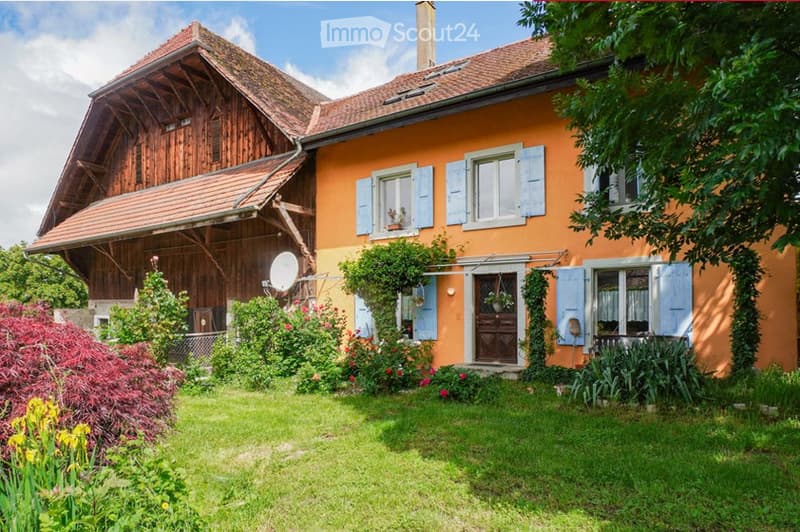 2 story house, orange exterior, wooden beams, blue shutters, garden, satellite dish