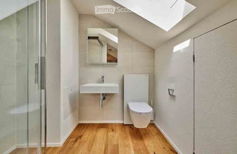 Modern bathroom with wooden flooring, white walls, a sink, a toilet, and a mirror above the sink. The room features a skylight window for natural light.