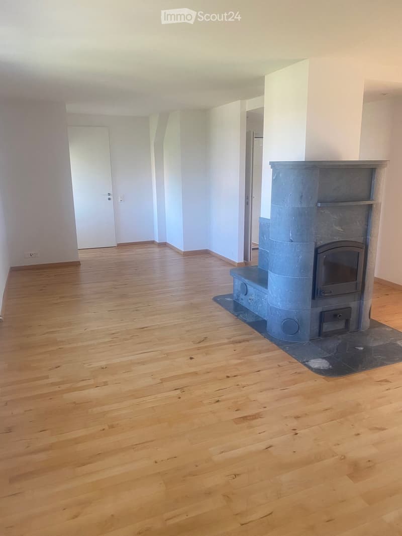 Empty room with wooden flooring and a fireplace in the corner.