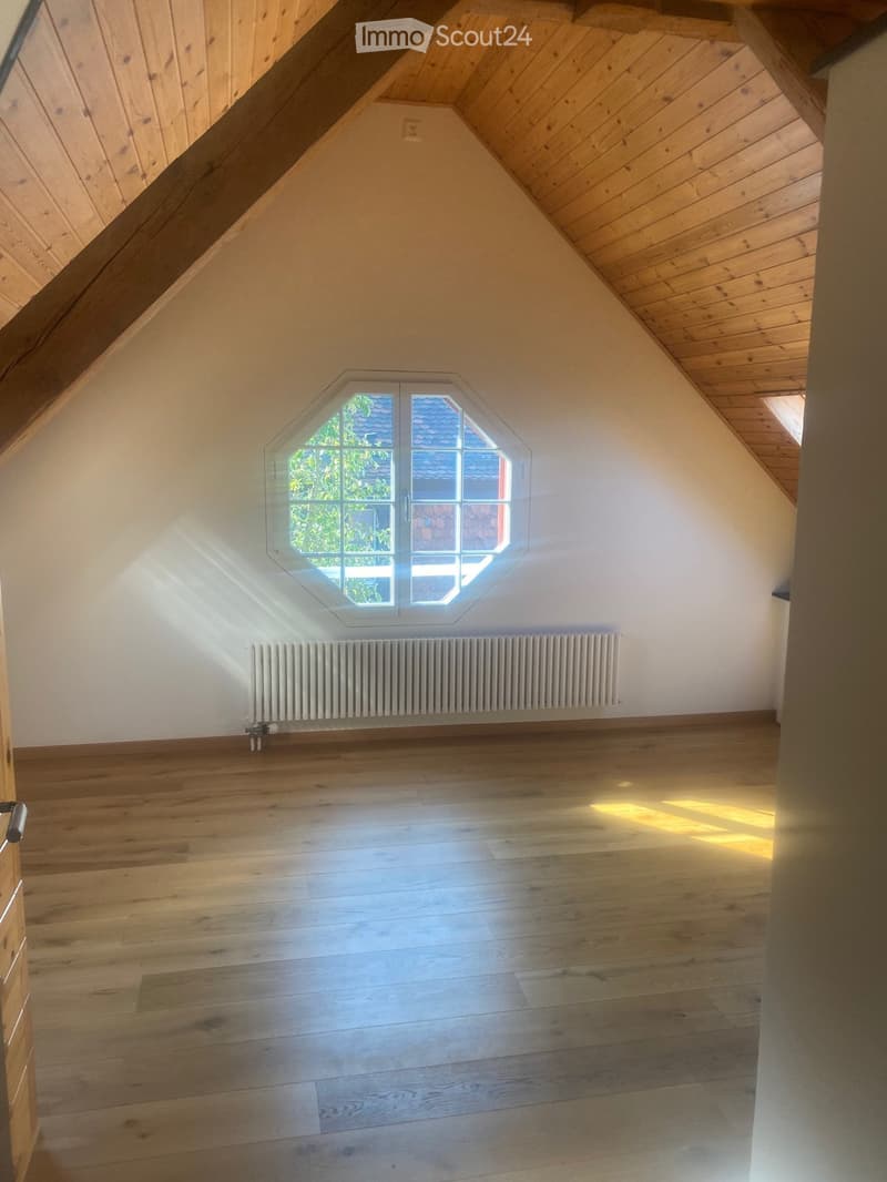 Empty attic room with wooden floors, white walls, and a skylight window letting in natural light. A radiator is mounted on the wall below the window.