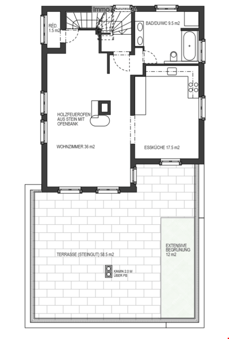 Floor plan showing a living room, kitchen, bathroom, and terrace. Includes a wood-burning stove and a spacious outdoor area.