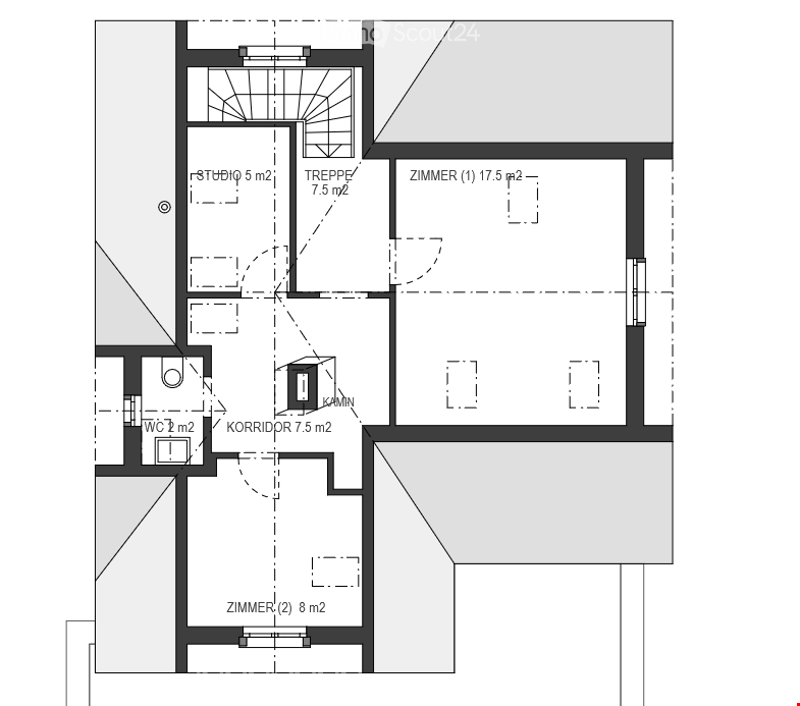 Floor plan showing a studio, hallway, two bedrooms, and a bathroom. Includes a staircase leading to an upper level.