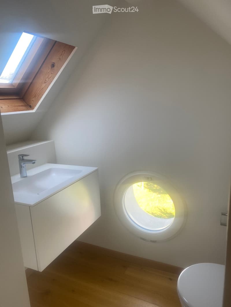 Modern bathroom with a sleek white sink, chrome faucet, and a round skylight window providing natural light. Wooden flooring and white walls.