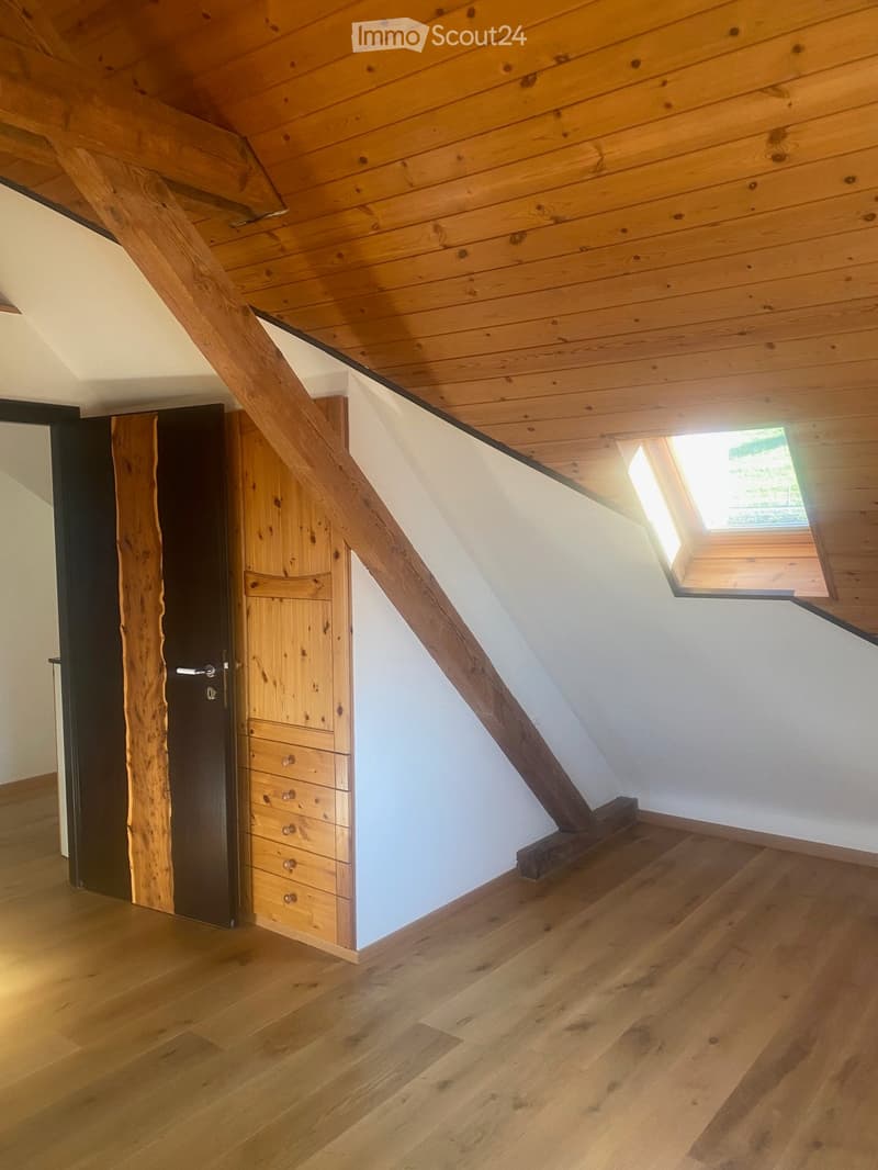 An attic corridor with wooden floors, exposed wooden beams, and a skylight window at the end, leading to a wooden door.