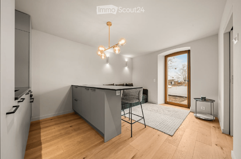 Open-plan living and dining area with modern kitchen island, bar stool, sofa, coffee table, side table, and a hanging chandelier. The space features light wood flooring and large windows with a view of the street.