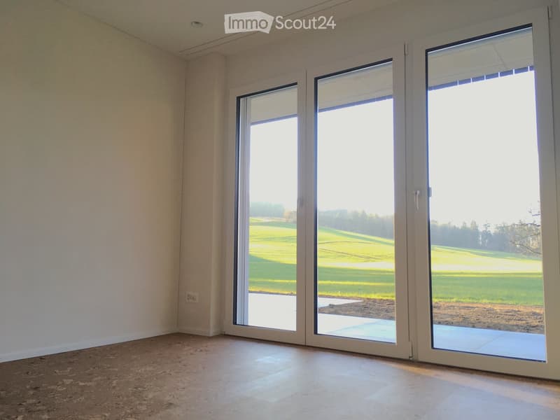 Empty room with large sliding glass doors opening to a view of a green field. Beige walls and carpeted floor.