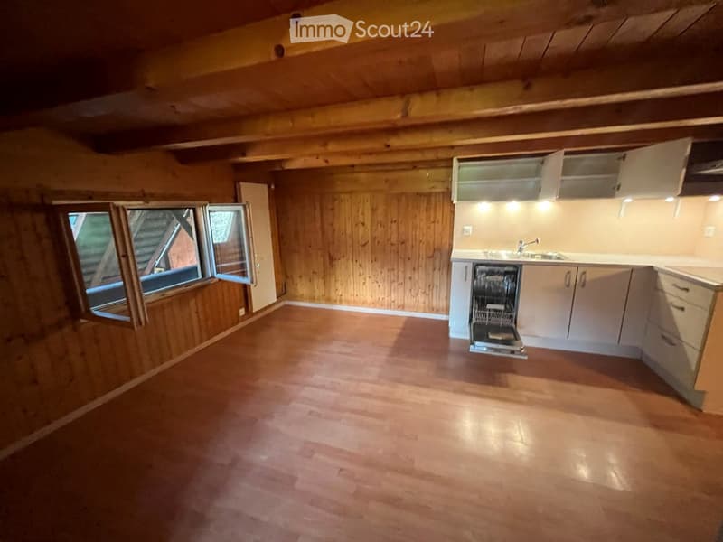 Empty kitchen with wooden walls and flooring, white cabinets, a dishwasher, and a sink.