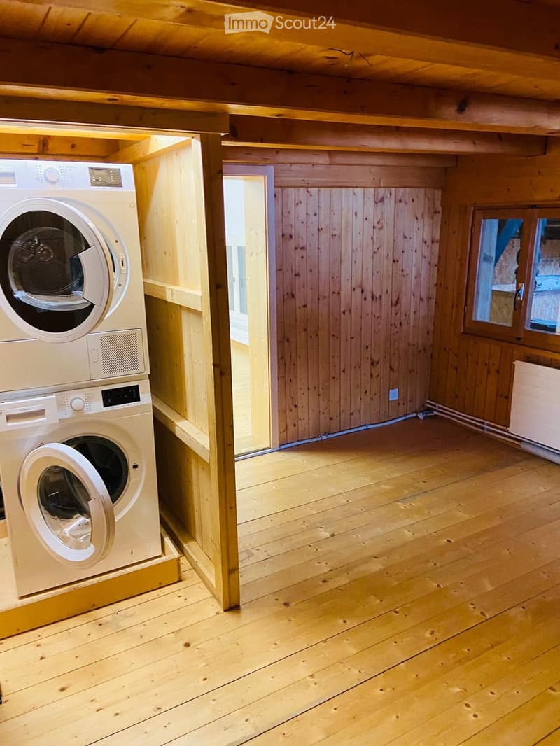 Wooden floor and walls, with a washing machine and dryer unit placed on a raised platform, and a small window letting in natural light.