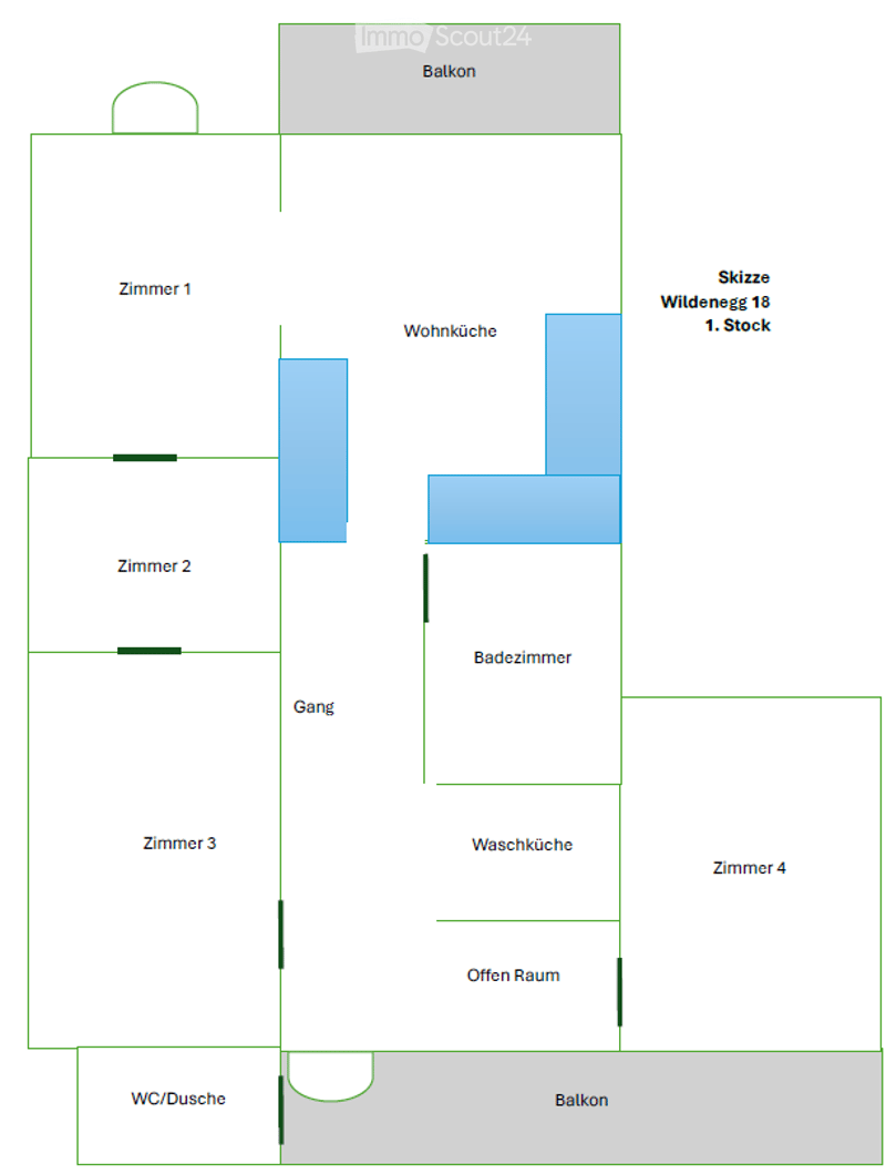 Floor plan of a 1st floor apartment with four bedrooms, a living kitchen, a bathroom, a wash kitchen, an open space, and two balconies.