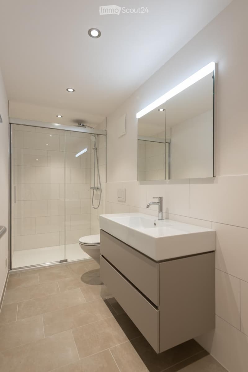 modern bathroom with glass shower stall, white tiled walls, white toilet, modern vanity with sink, large mirror