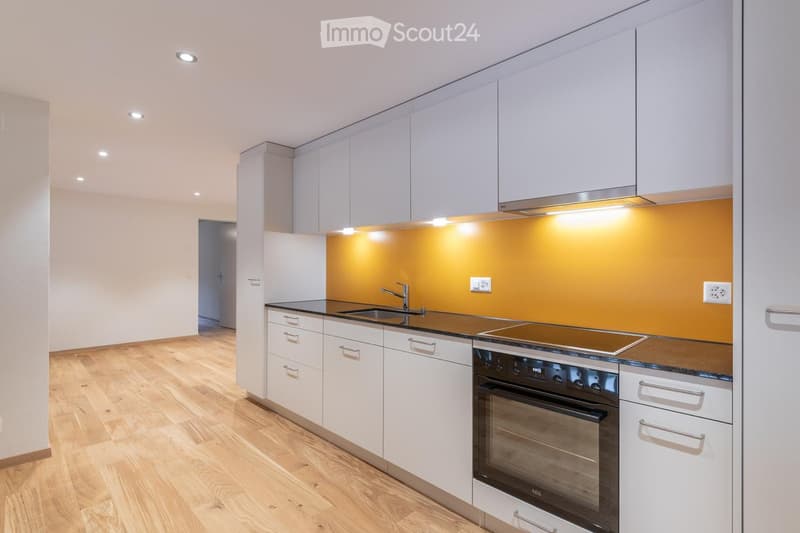 modern kitchen, yellow wall, wooden floor, stainless steel appliances, white cabinets, electrical outlets, faucet