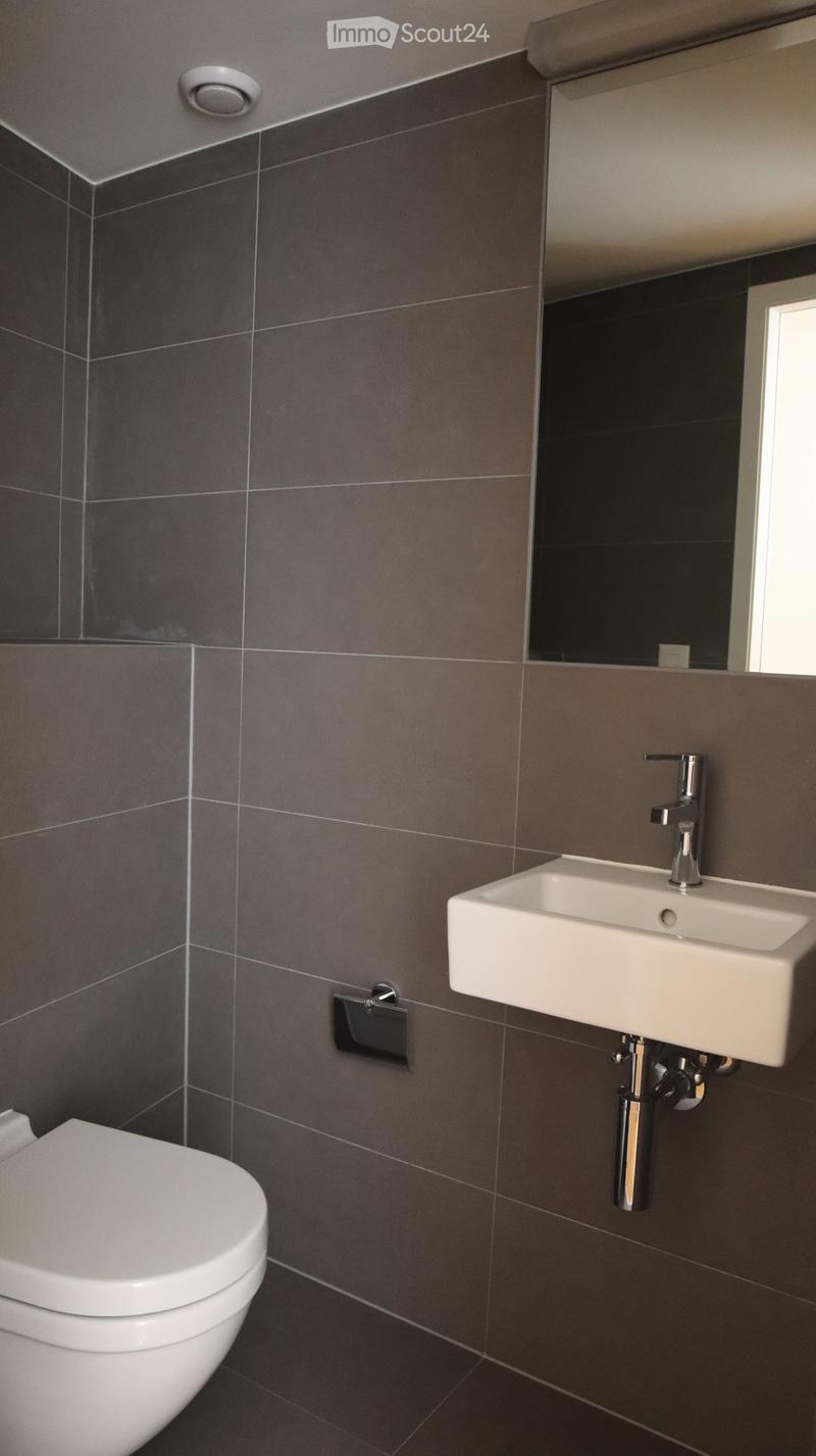 Bathroom with gray tiles, white sink, white toilet, mirror