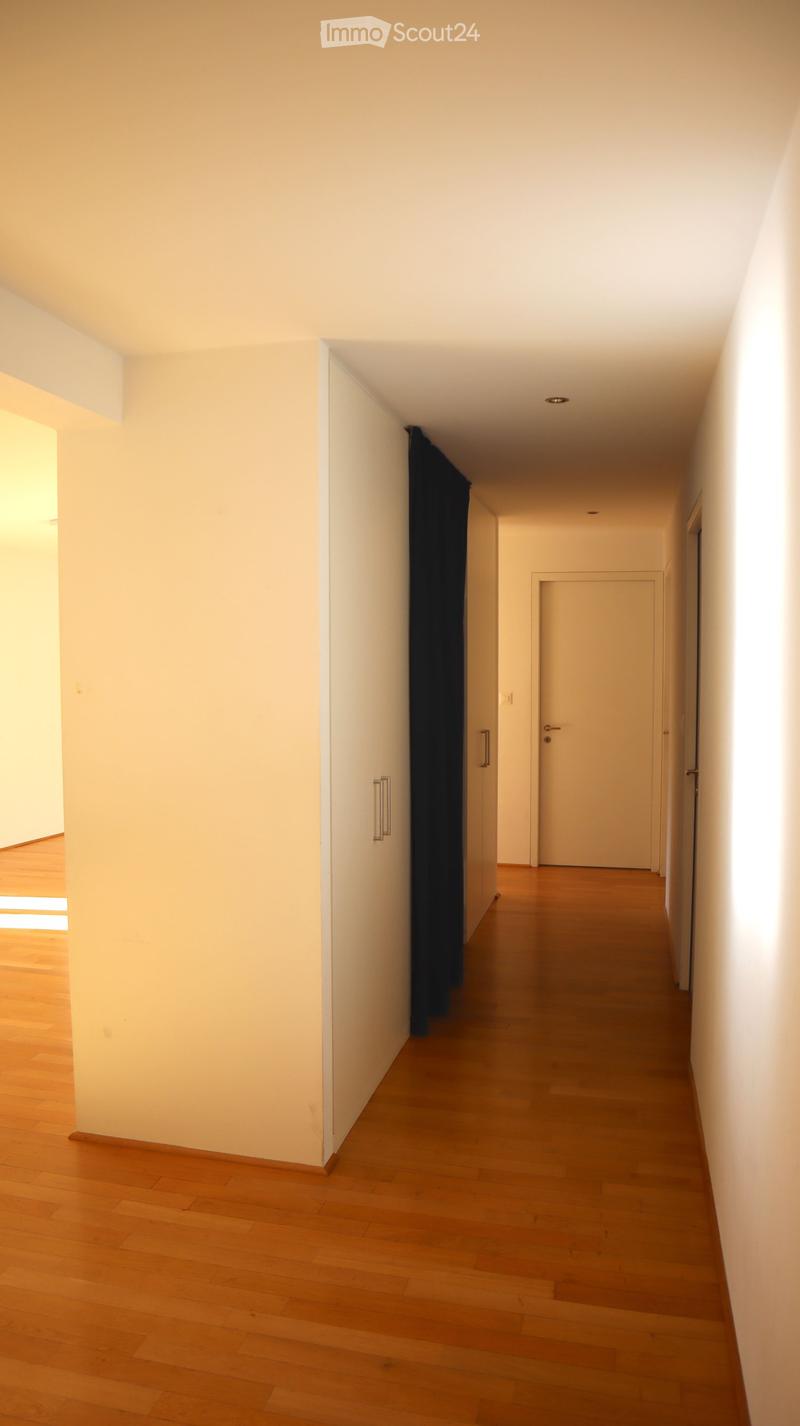 Empty hallway with wooden floor, white walls, and a large wardrobe on the left side.