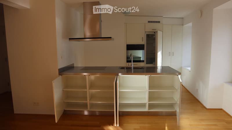 modern kitchen with stainless steel countertops, open cabinets, double sink, gas stove, oven, range hood, dishwasher