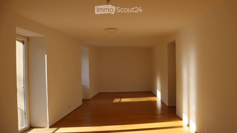 Empty room, wooden floor, white walls, ceiling light, glass door, balcony
