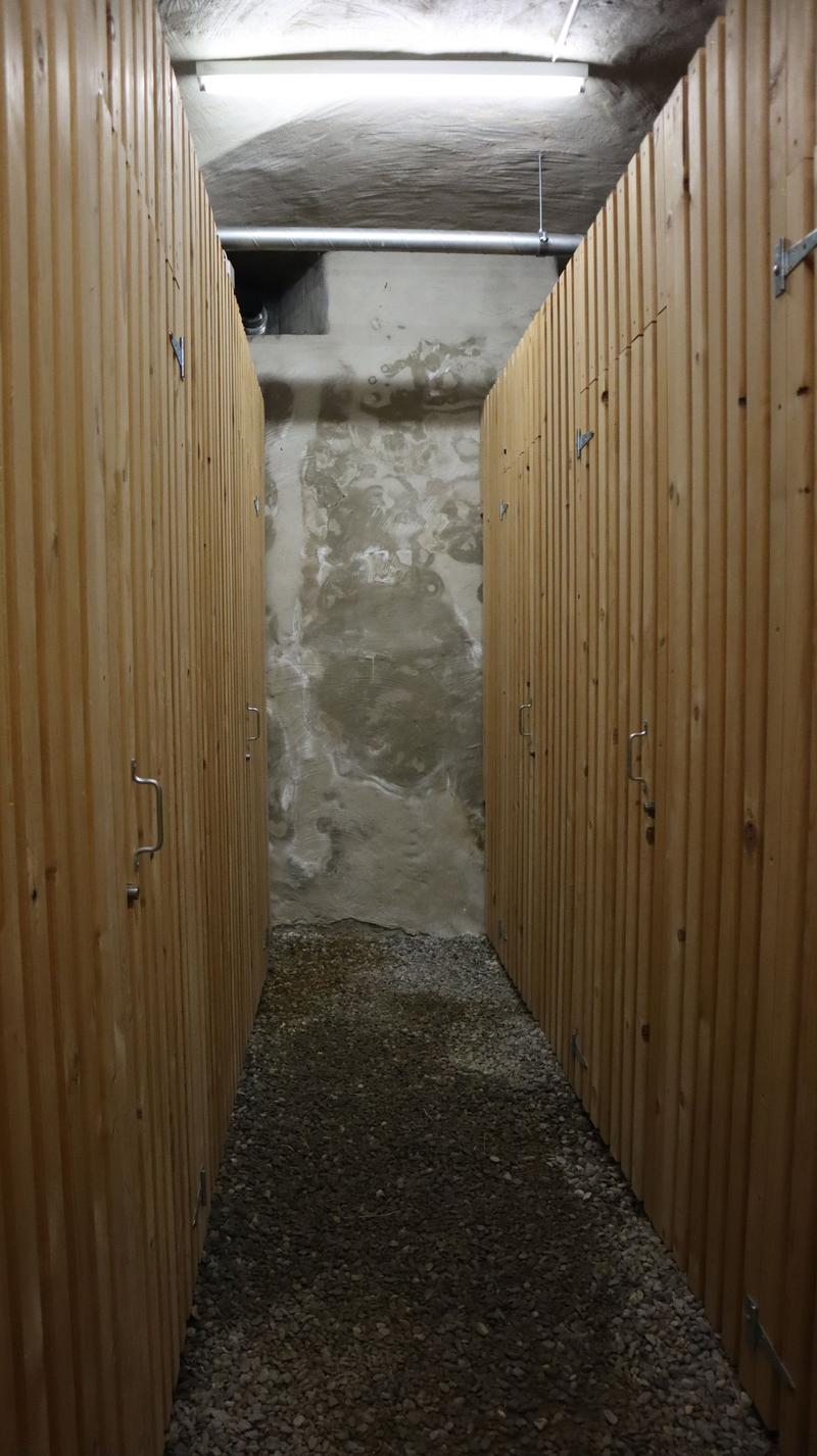 wooden floor, wooden ceiling, concrete walls, metal pipe