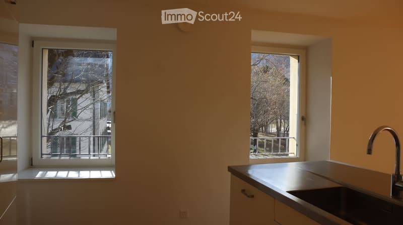kitchen with two windows, balcony, stainless steel sink, faucet, power outlet