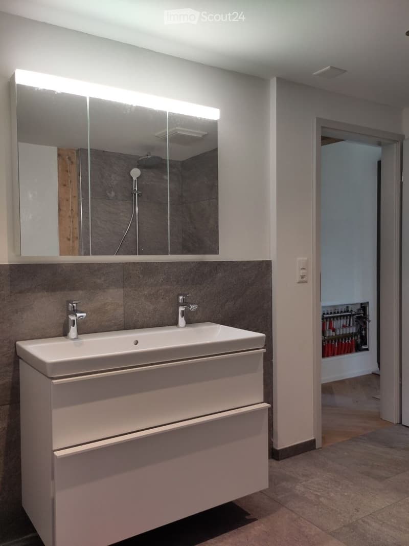 modern bathroom with white sink, mirror, and faucets, gray tiles, wooden floor