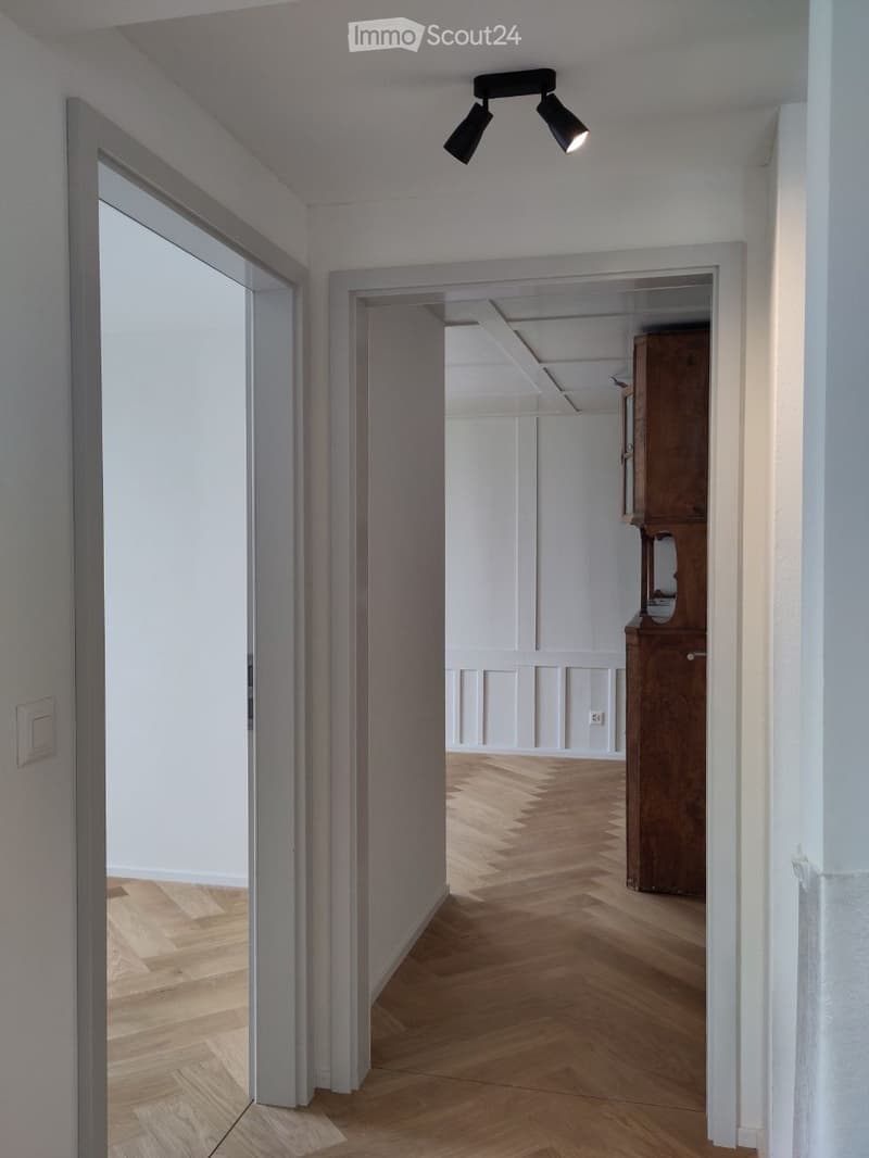 Empty hallway with wooden floor, white walls, wooden cabinet, ceiling lights