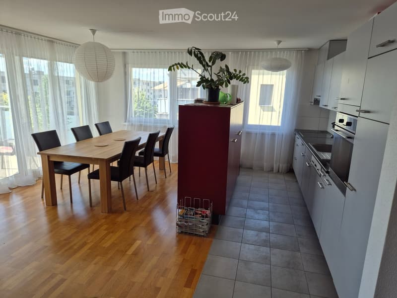 Open-plan living and dining area with a wooden dining table, black chairs, modern kitchen cabinets, and a potted plant on the counter.