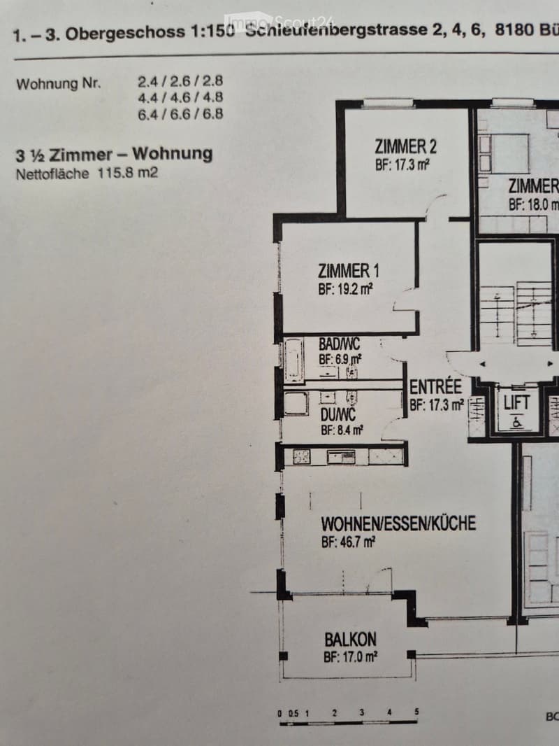 Floor plan of a 3.5-room apartment with a living/dining/kitchen area, two bedrooms, a bathroom/WC, a separate WC, an entrance, and a balcony.