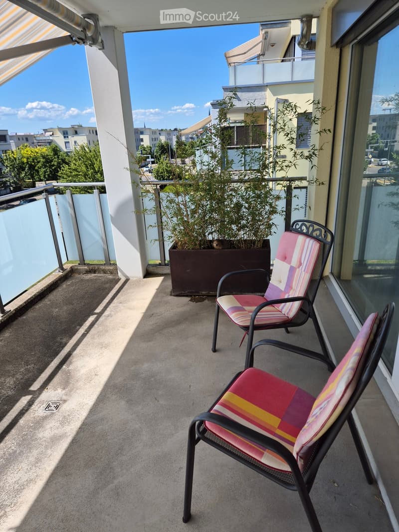 Balcony with two colorful striped chairs, a large planter with plants, and a view of the city.